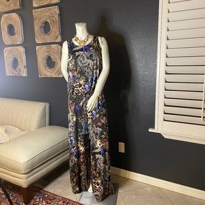Multi Color Animal Flowy Sleeveless Jumpsuit with Split Open Leg Size Large
